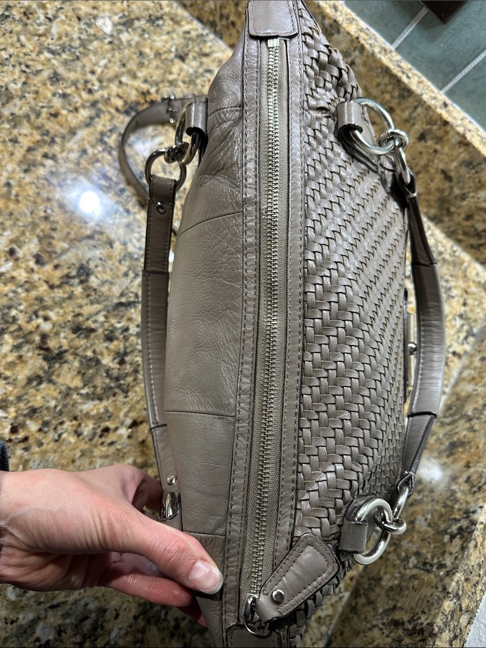 Coach Kristen Woven Leather Shoulder Satchel in Taupe Gray with pink interior - Picture 8 of 16